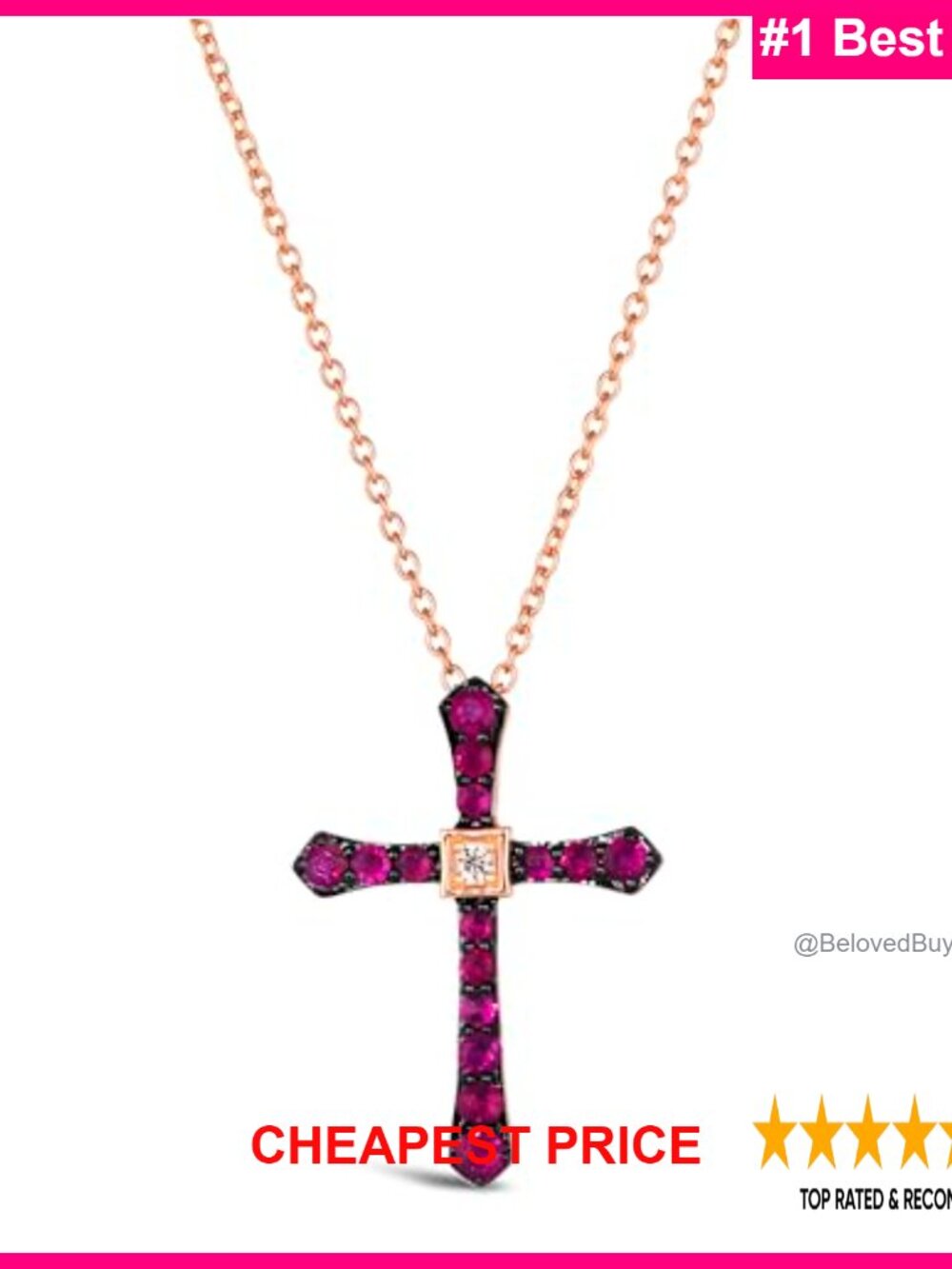 14k Rose Gold Diamond Cross Pendant Necklace with Ruby, 18 Inch Chain